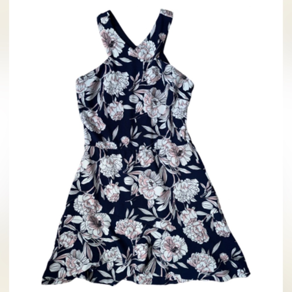 Nordstrom Floral Halter Neck Sleeveless Dress Ruffle, Navy Blue & Pink, Medium
